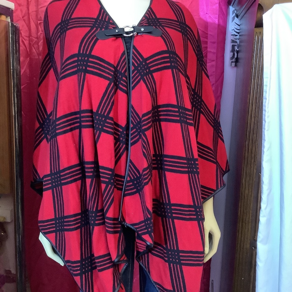 EUC Talbots Red black wrap Shaw leather trim